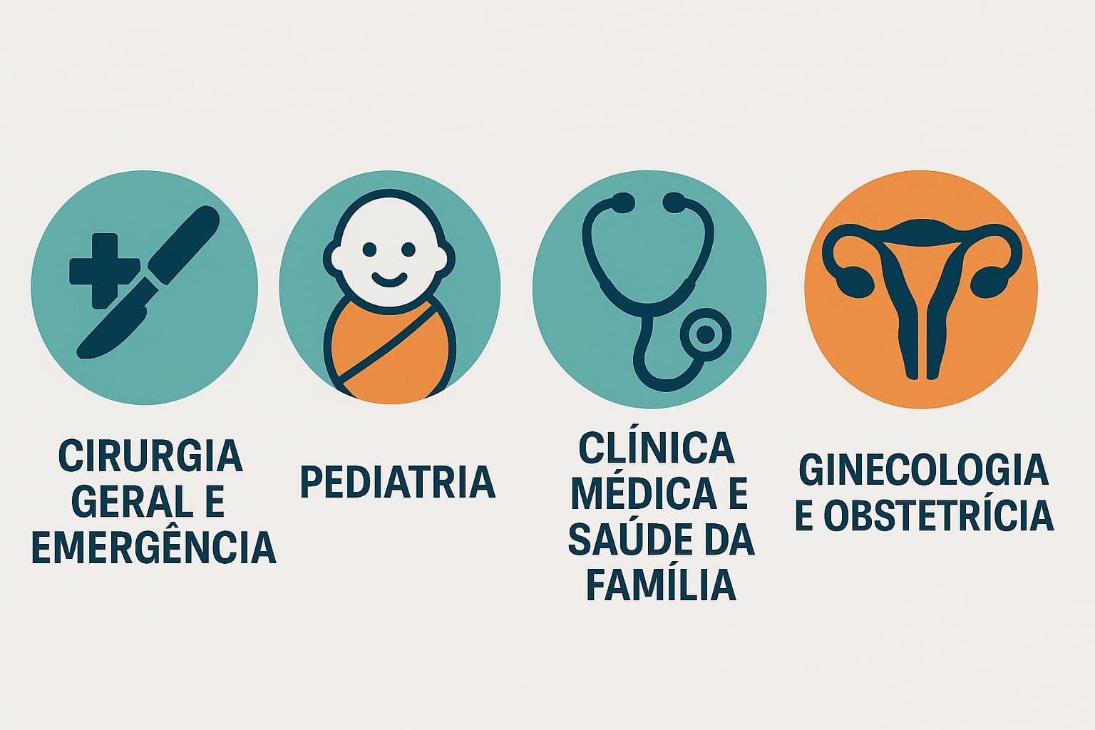 Especialidades Médicas: Cirurgia Geral e Emergência, Pediatria, Clínica Médica e Saúde da Família, Ginecologia e Obstetrícia